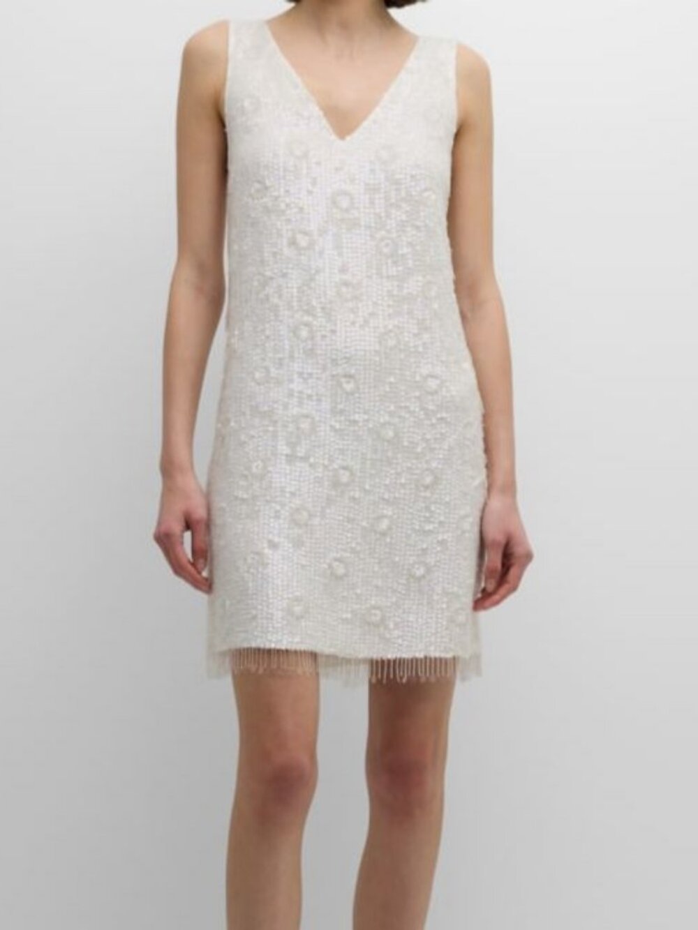 Kobi Halperin Women's White Flo Sleeveless Sequin Bead-Fringe Mini Dress Size M
